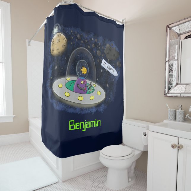 Cute happy fish ufo space cartoon illustration shower curtain (In Situ)