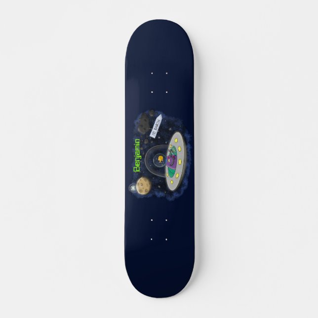 Cute happy fish ufo space cartoon illustration skateboard (Front)