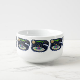 Cute happy fish ufo space cartoon illustration soup mug