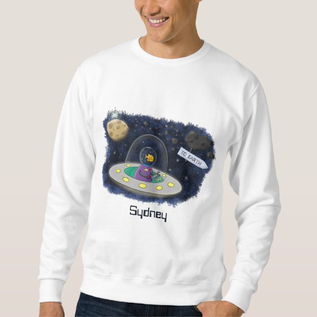 Cute happy fish ufo space cartoon illustration sweatshirt (Front)
