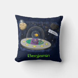 Cute happy fish ufo space cartoon illustration throw pillow