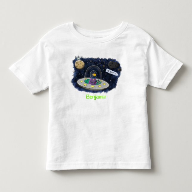 Cute happy fish ufo space cartoon illustration toddler t-shirt (Front)