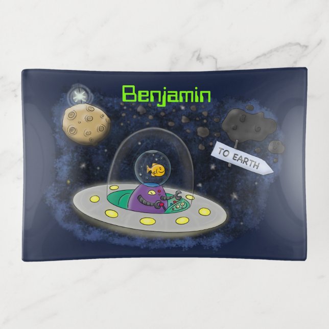 Cute happy fish ufo space cartoon illustration trinket tray (Front)