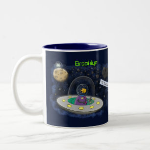 Cute happy fish ufo space cartoon illustration Two-Tone coffee mug