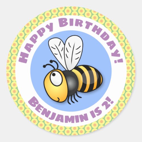 Cute happy flying bee yellow cartoon illustration classic round sticker