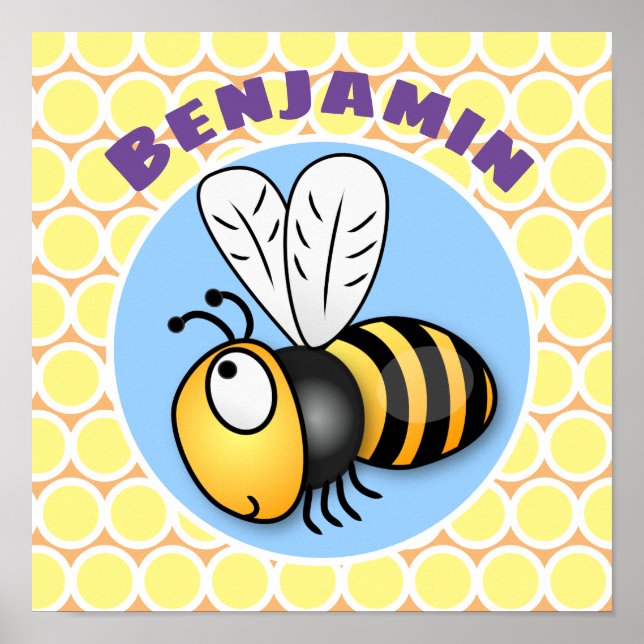 Cute happy flying bee yellow cartoon illustration poster (Front)