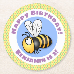 Cute happy flying bee yellow cartoon illustration round paper coaster