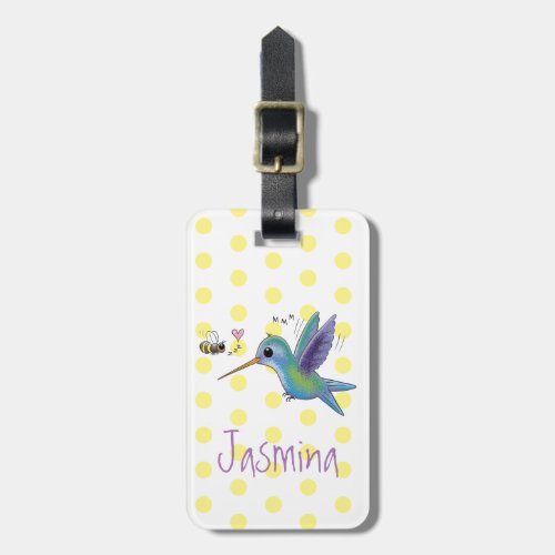 Cute happy flying hummingbird cartoon illustration luggage tag