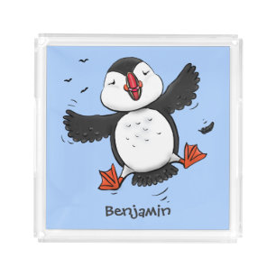 Cute happy flying puffin blue cartoon illustration acrylic tray