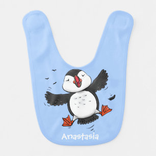 Cute happy flying puffin blue cartoon illustration baby bib