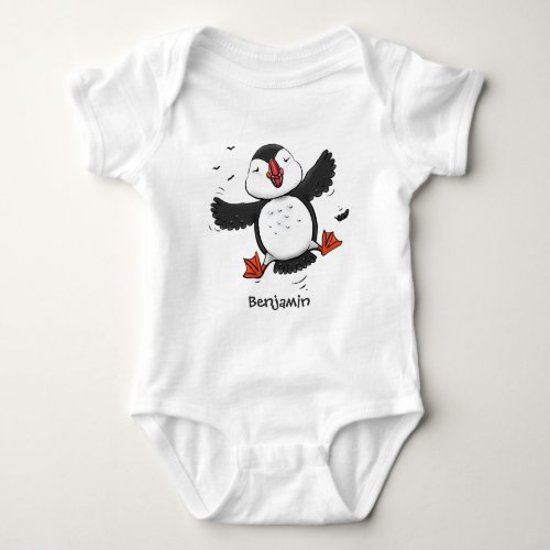 Cute happy flying puffin blue cartoon illustration baby bodysuit