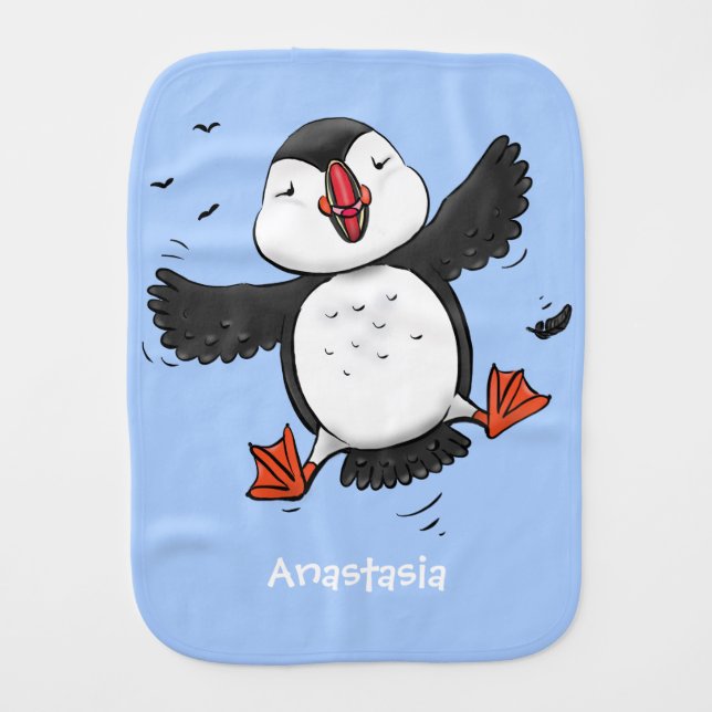 Cute happy flying puffin blue cartoon illustration baby burp cloth (Front)