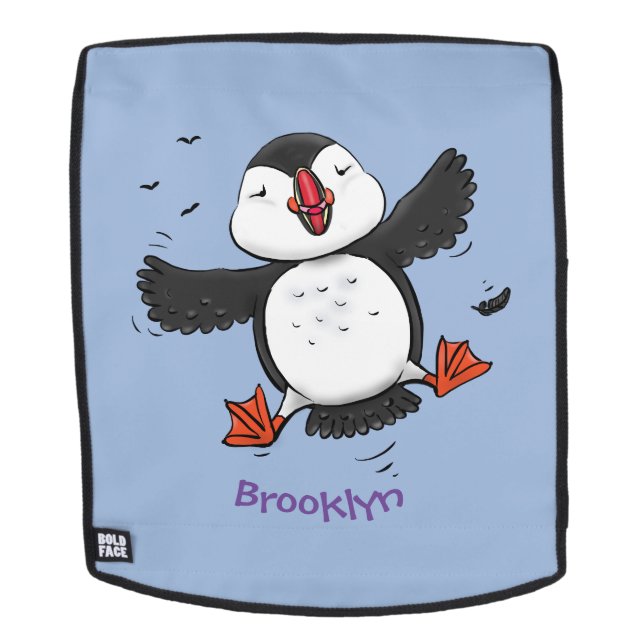 Cute happy flying puffin blue cartoon illustration backpack (Removable Face)