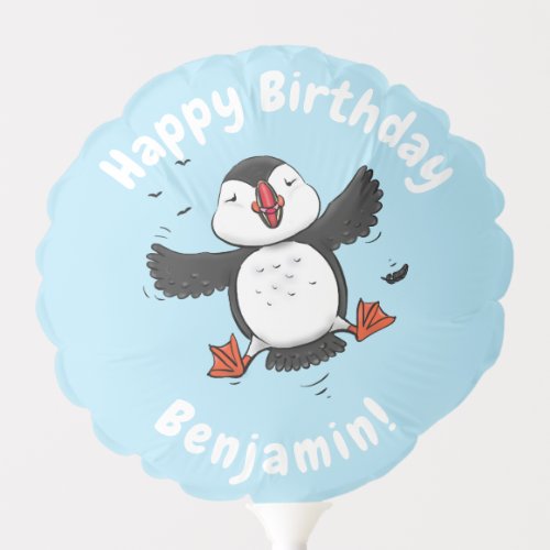 Cute happy flying puffin blue cartoon illustration balloon
