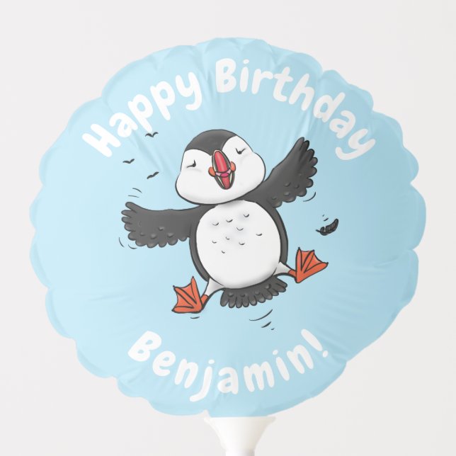 Cute happy flying puffin blue cartoon illustration balloon (Front)