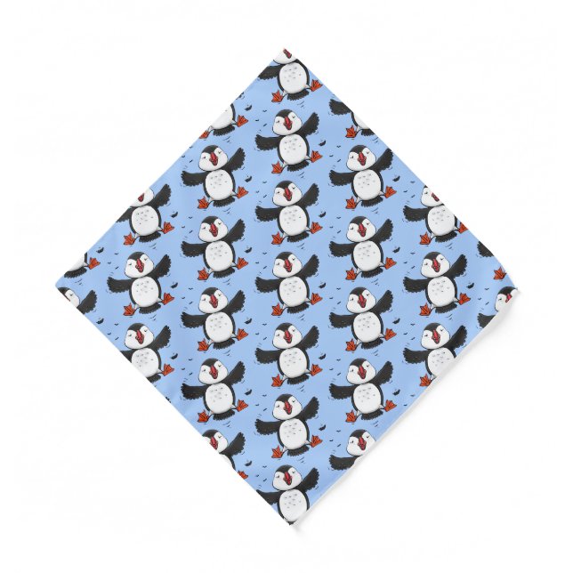 Cute happy flying puffin blue cartoon illustration bandana (Front)