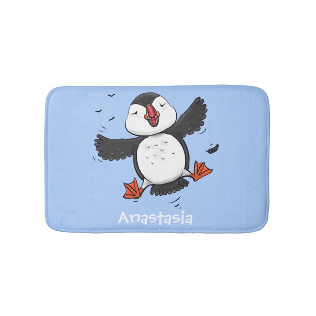 Cute happy flying puffin blue cartoon illustration bath mat (Front)