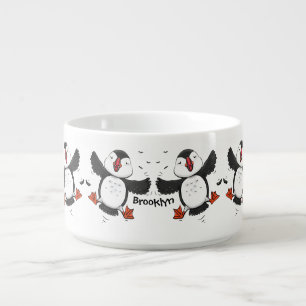 Cute happy flying puffin blue cartoon illustration bowl