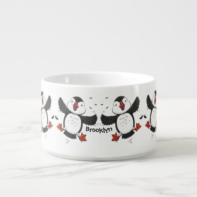 Cute happy flying puffin blue cartoon illustration bowl (Center)