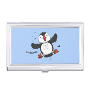 Cute happy flying puffin blue cartoon illustration business card case