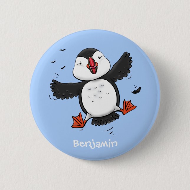 Cute happy flying puffin blue cartoon illustration button (Front)