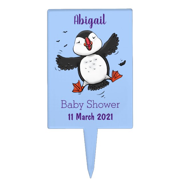 Cute happy flying puffin blue cartoon illustration cake topper (Front)