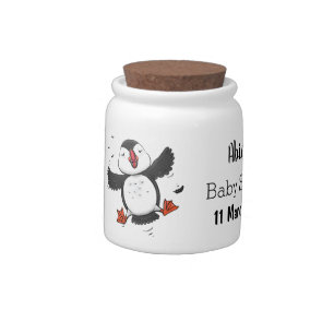 Cute happy flying puffin blue cartoon illustration candy jar