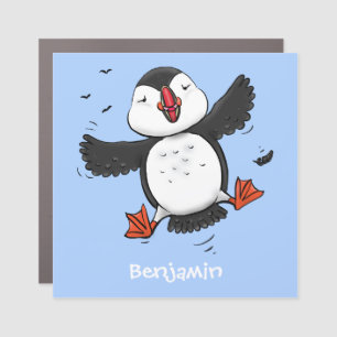 Cute happy flying puffin blue cartoon illustration car magnet