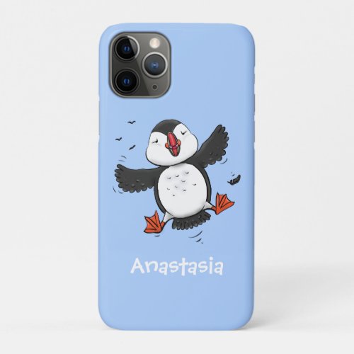 Cute happy flying puffin blue cartoon illustration iPhone 11 pro case