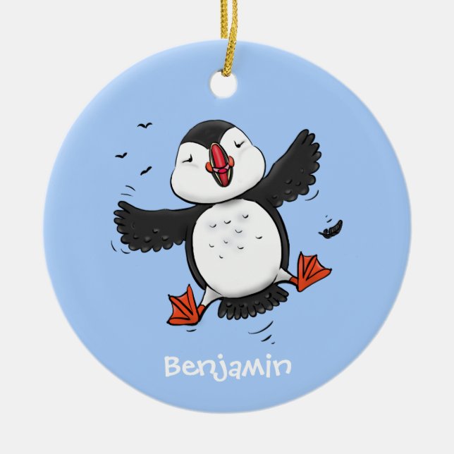 Cute happy flying puffin blue cartoon illustration ceramic ornament (Front)