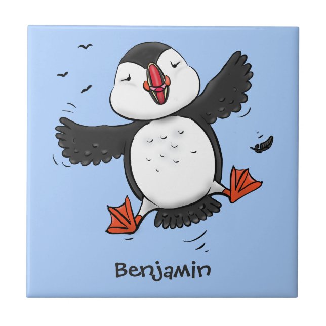 Cute happy flying puffin blue cartoon illustration ceramic tile (Front)