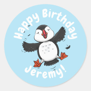 Cute happy flying puffin blue cartoon illustration classic round sticker