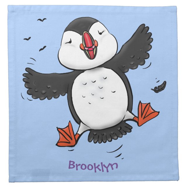 Cute happy flying puffin blue cartoon illustration cloth napkin (Front)