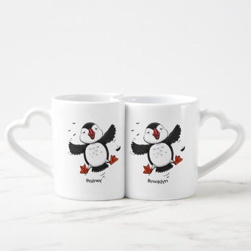 Cute happy flying puffin blue cartoon illustration coffee mug set