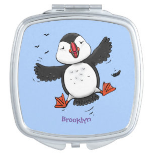 Cute happy flying puffin blue cartoon illustration compact mirror