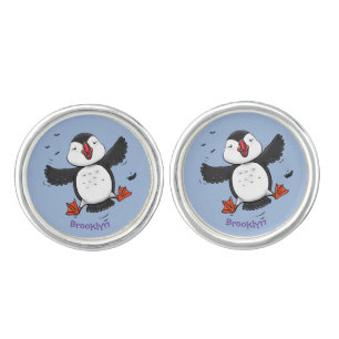 Cute happy flying puffin blue cartoon illustration cufflinks