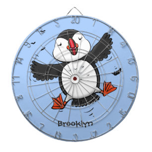 Cute happy flying puffin blue cartoon illustration dart board