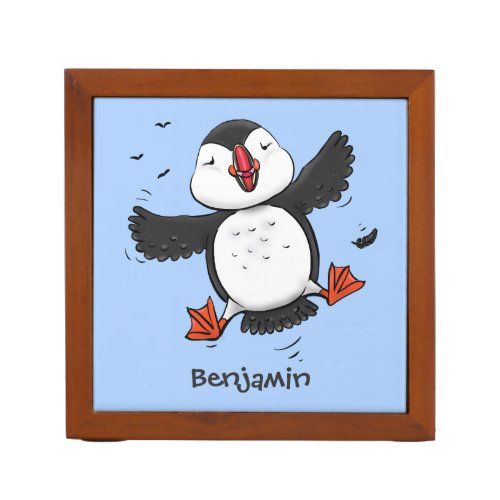 Cute happy flying puffin blue cartoon illustration desk organizer