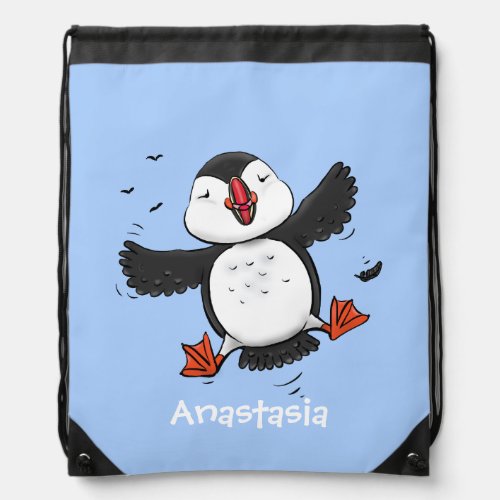 Cute happy flying puffin blue cartoon illustration drawstring bag