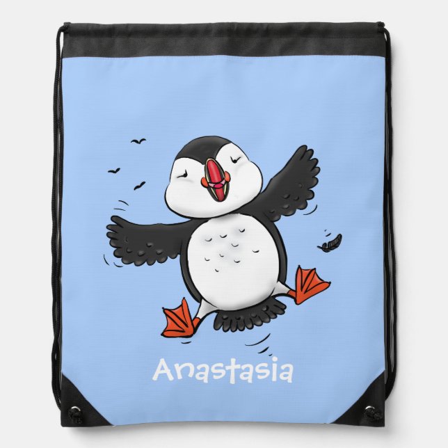 Cute happy flying puffin blue cartoon illustration drawstring bag (Front)