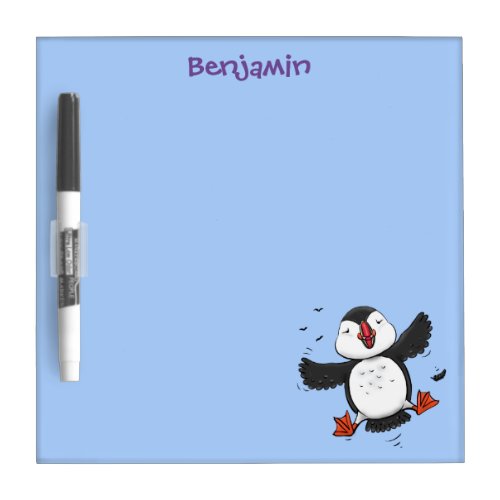 Cute happy flying puffin blue cartoon illustration dry erase board
