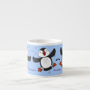 Cute happy flying puffin blue cartoon illustration espresso cup