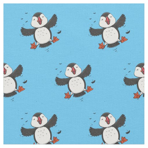 Cute happy flying puffin blue cartoon illustration fabric