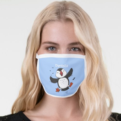 Cute happy flying puffin blue cartoon illustration face mask