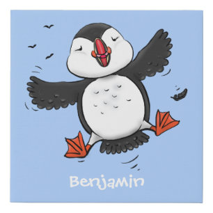 Cute happy flying puffin blue cartoon illustration faux canvas print