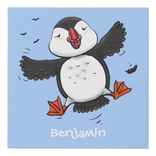 Cute happy flying puffin blue cartoon illustration faux canvas print