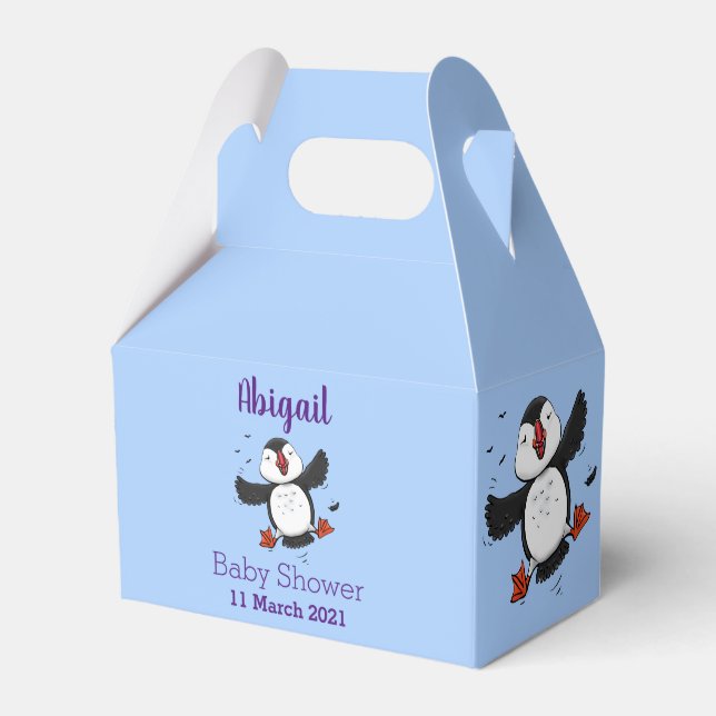Cute happy flying puffin blue cartoon illustration favor boxes (Front Side)