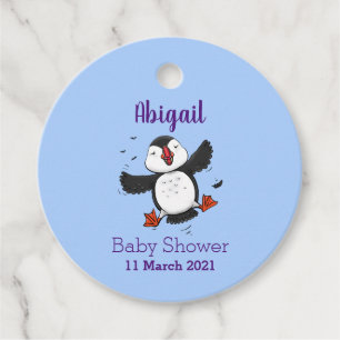 Cute happy flying puffin blue cartoon illustration favor tags