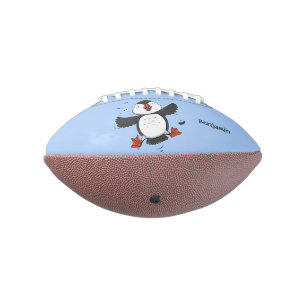 Cute happy flying puffin blue cartoon illustration football