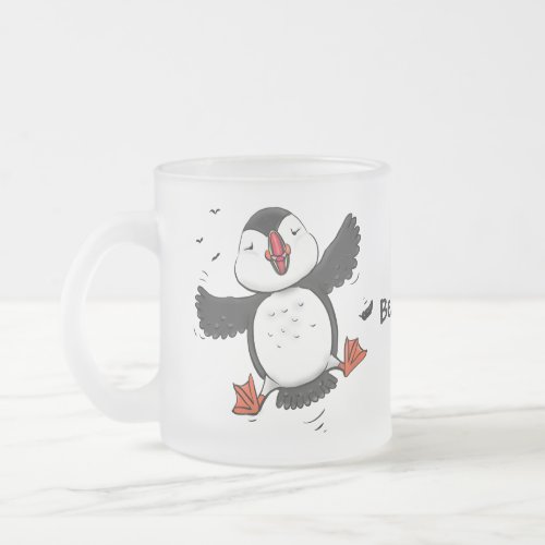Cute happy flying puffin blue cartoon illustration frosted glass coffee mug